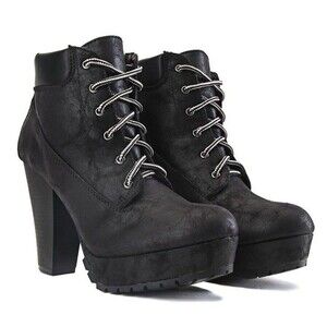 SODA Boots Womens 7.5 Black Platform Lace Up Ankle Booties Chunky Block Heel Lug